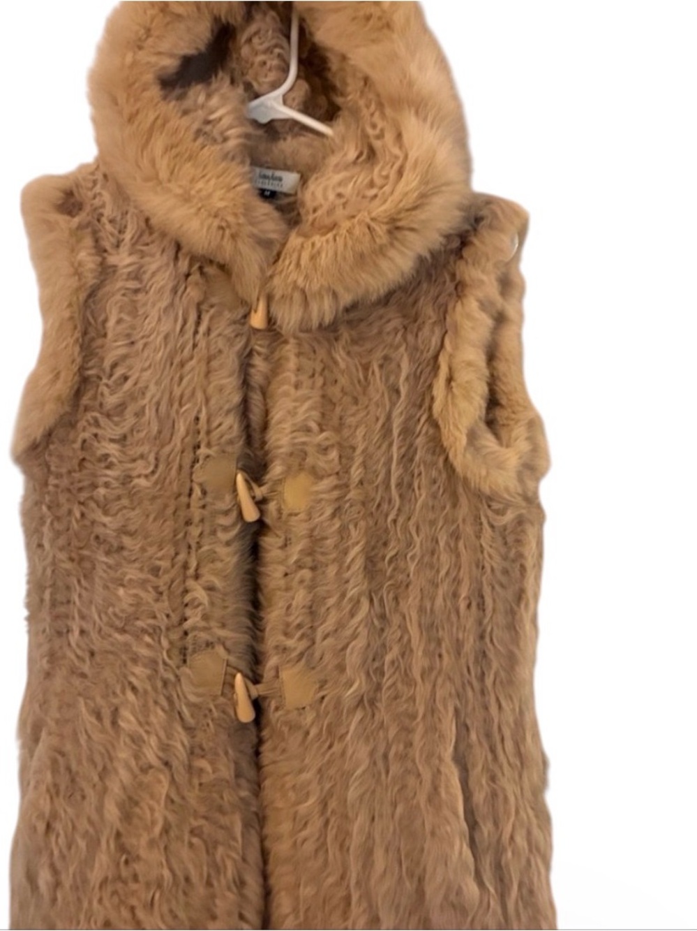Neiman Marcus Lamb/Rabbit Fur Hooded Vest with Toggle Closures.  EUC Sz M
